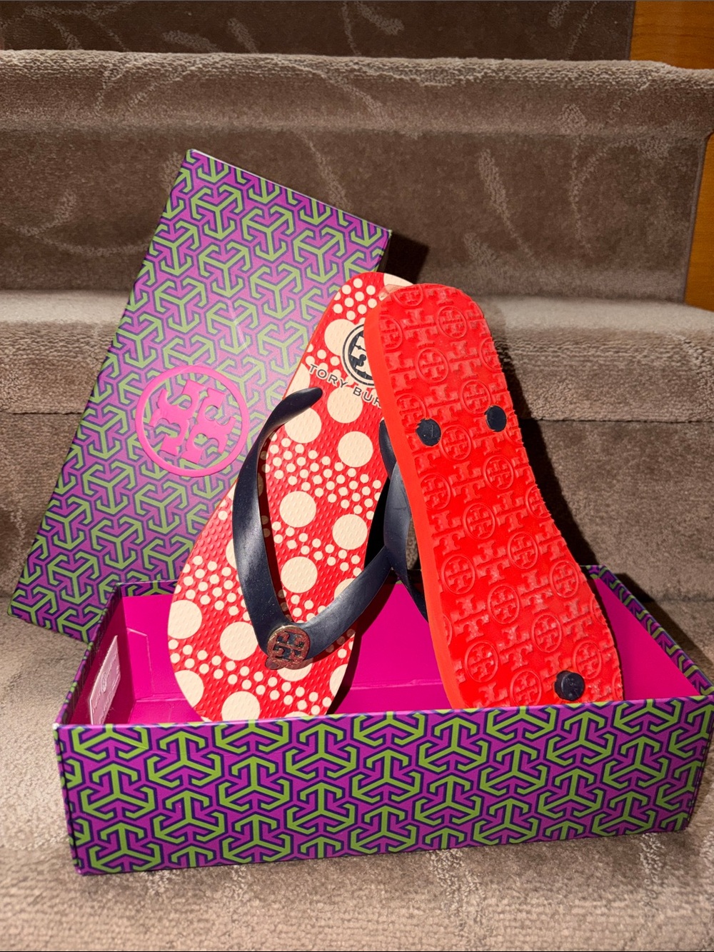 Tory Burch Red and White Polka Dot Flip Flops with Navy Straps
